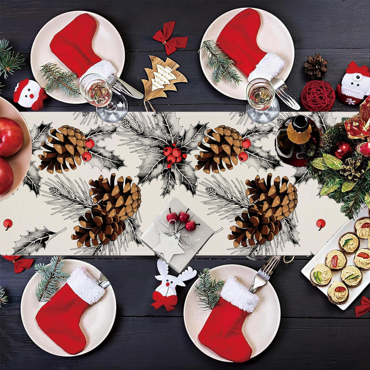 Christmas Table Runner With Rustic Pinecone Decor Print