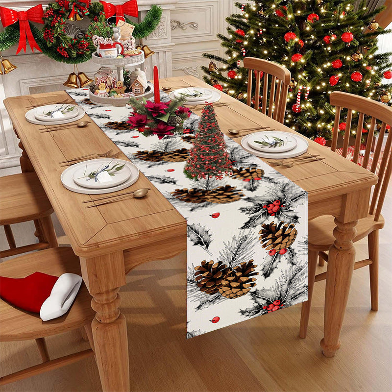 Christmas Table Runner With Rustic Pinecone Decor Print