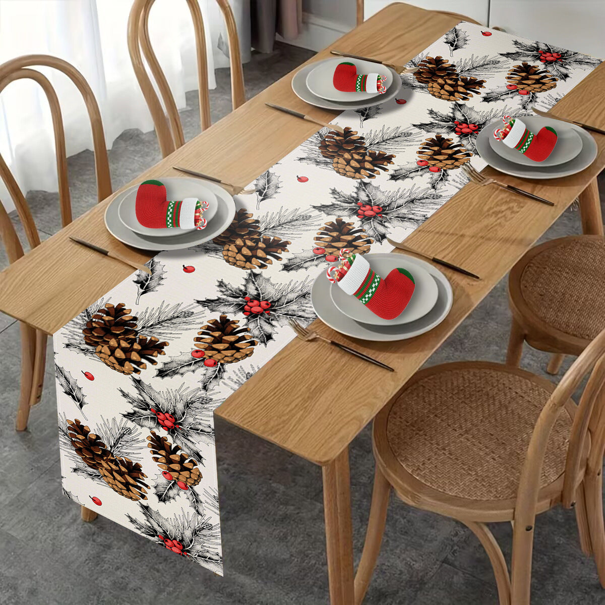 Christmas Table Runner With Rustic Pinecone Decor Print