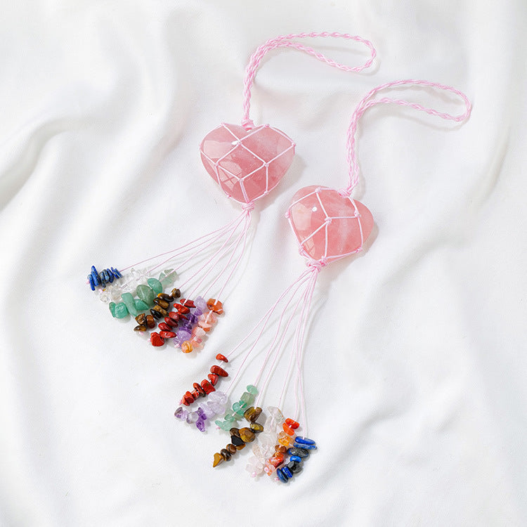 Pink Crystal Heart Pendant with Colorful Stone Tassel