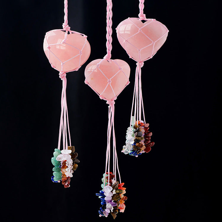 Pink Crystal Heart Pendant with Colorful Stone Tassel