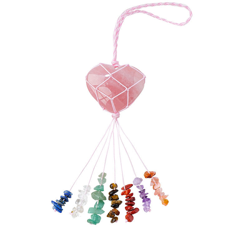 Pink Crystal Heart Pendant with Colorful Stone Tassel