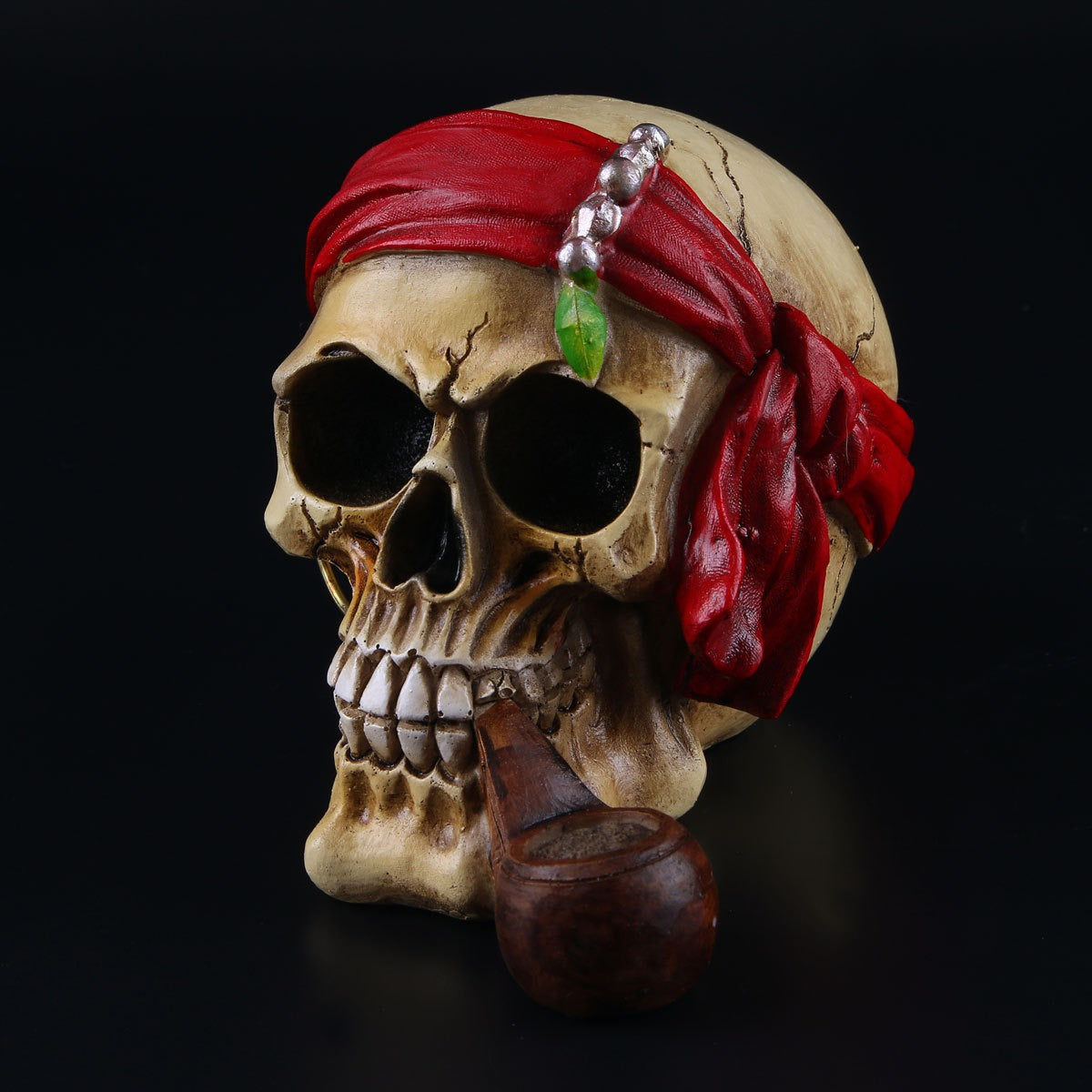 Pirate Skull Resin Decor Statue with Pipe & Bandana