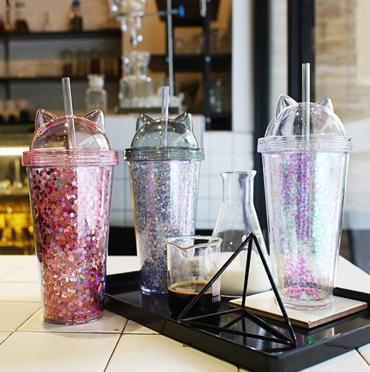 Cat Ear Glitter Water Bottle with Straw for Kids & Teens