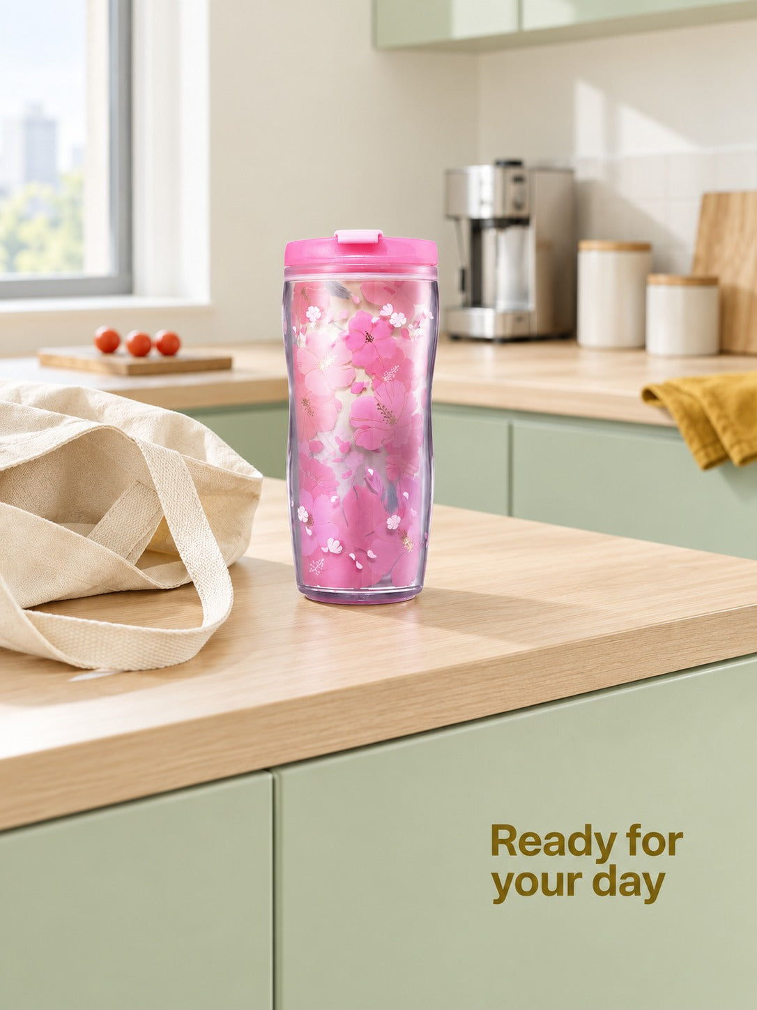Plastic Coffee Cup with Cherry Blossom Print for Office