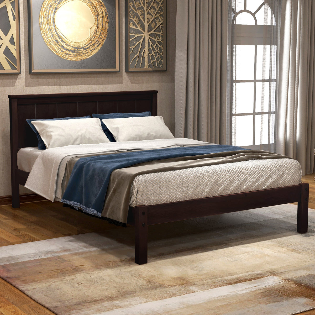 Espresso Twin Platform Bed Frame with Headboard & Slats
