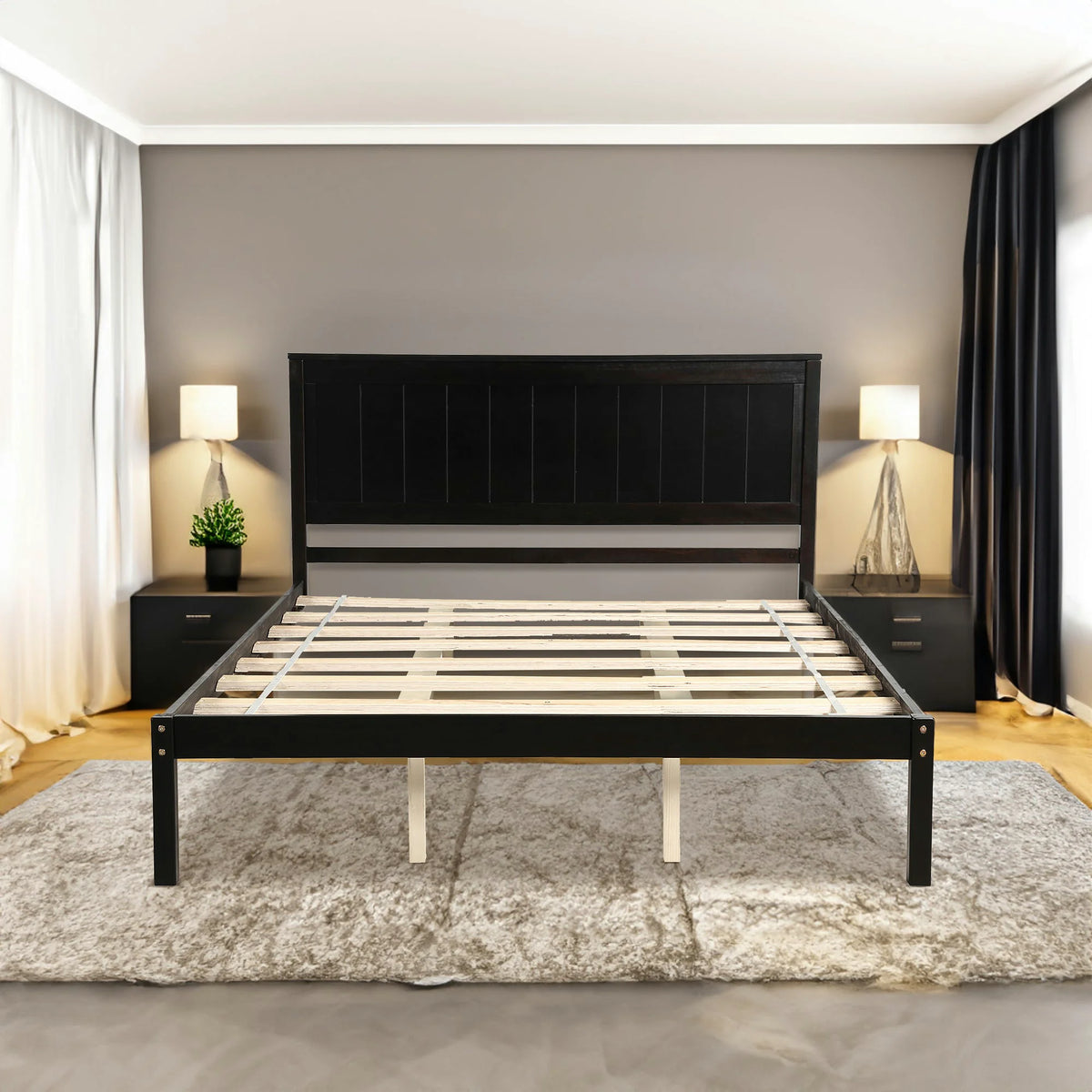 Queen Platform Bed Frame with Wood Slats, No Box Spring