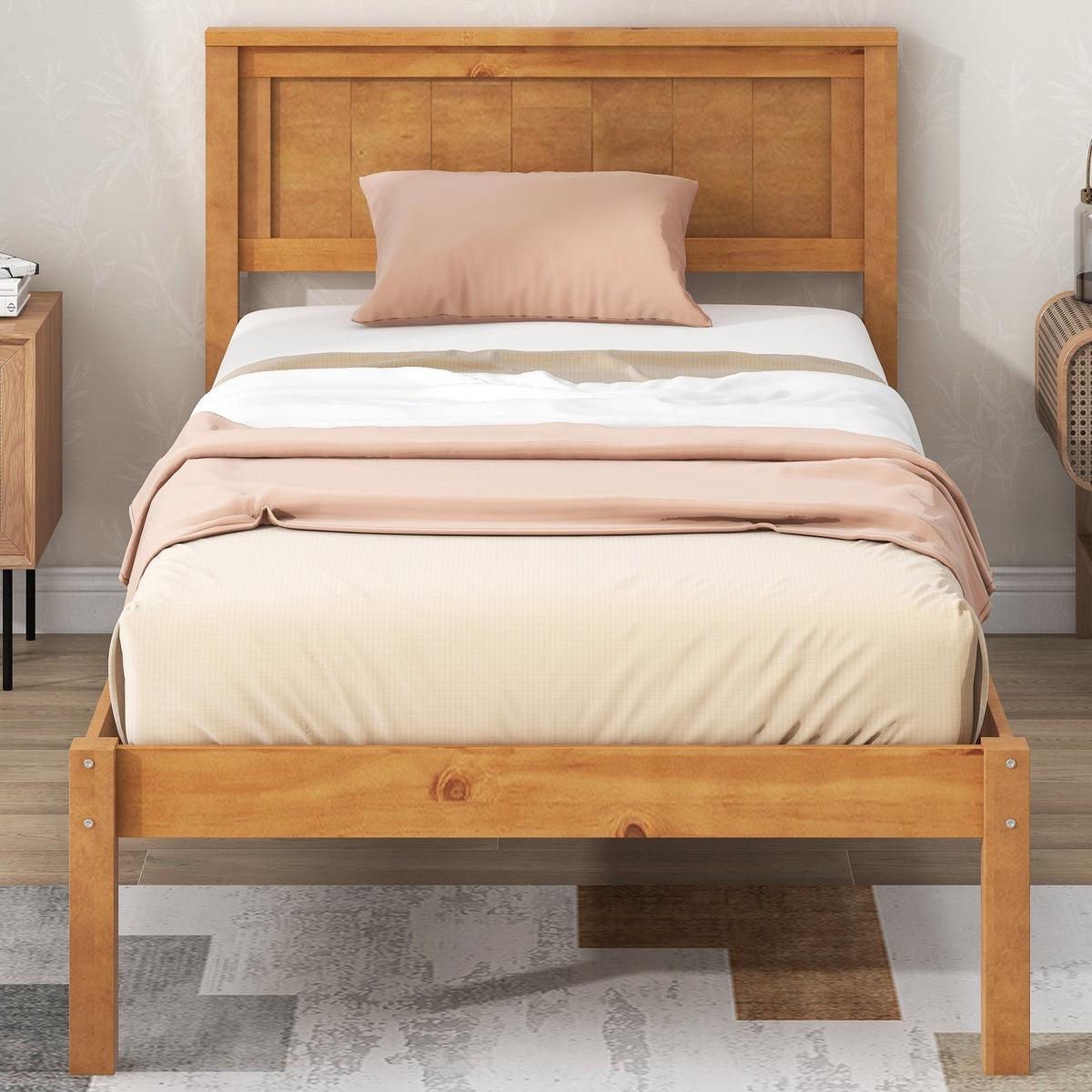 Oak Platform Bed Frame with Headboard, Twin Size