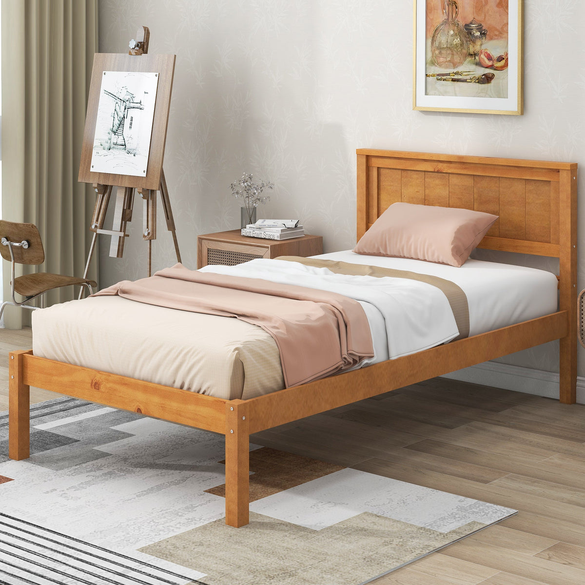 Oak Platform Bed Frame with Headboard, Twin Size