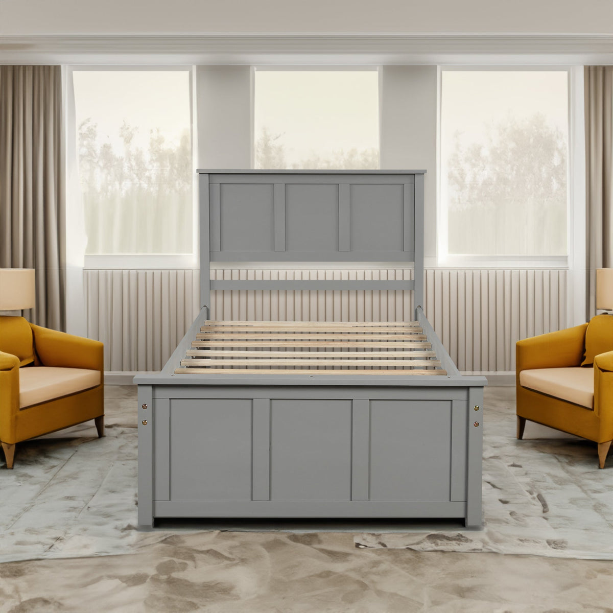 Gray Twin Platform Bed Frame with Pull-Out Trundle Bed