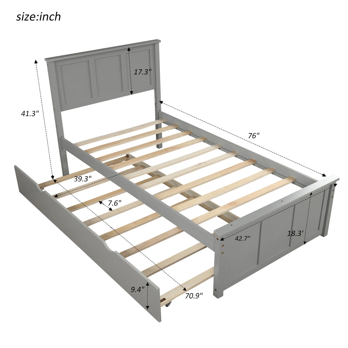 Gray Twin Platform Bed Frame with Pull-Out Trundle Bed
