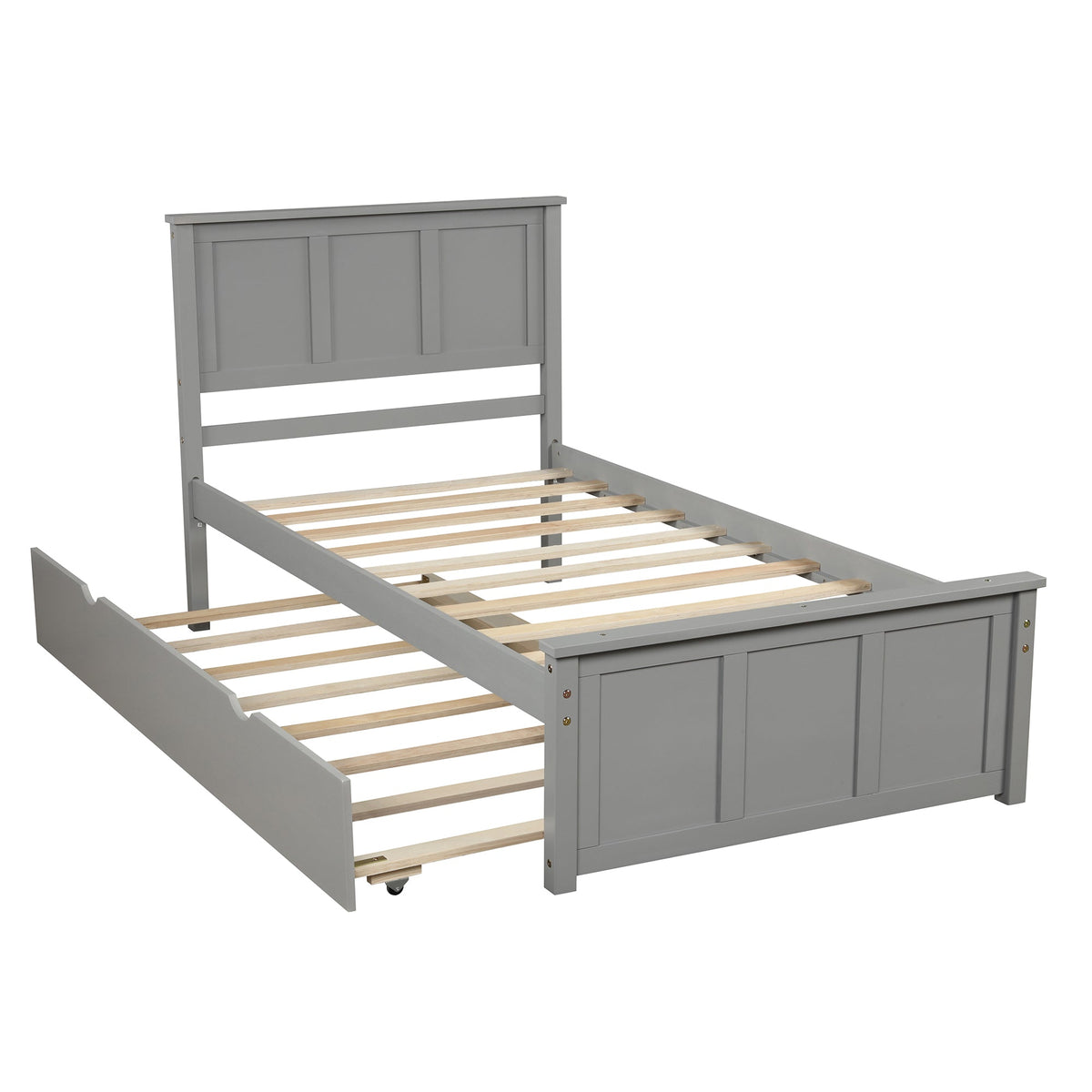 Gray Twin Platform Bed Frame with Pull-Out Trundle Bed