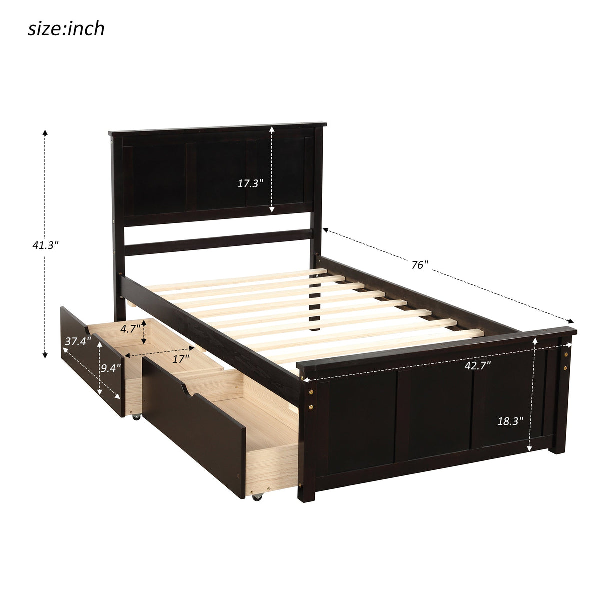 Twin Platform Bed with Rolling Storage Drawers, Espresso