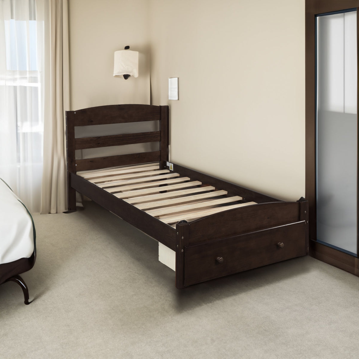Twin Platform Bed with Storage Drawer and Wood Slats