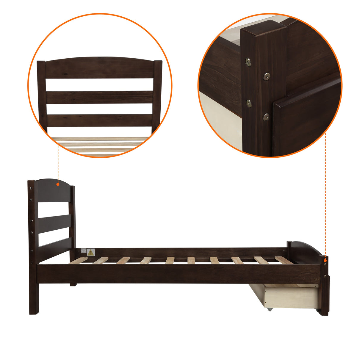 Twin Platform Bed with Storage Drawer and Wood Slats