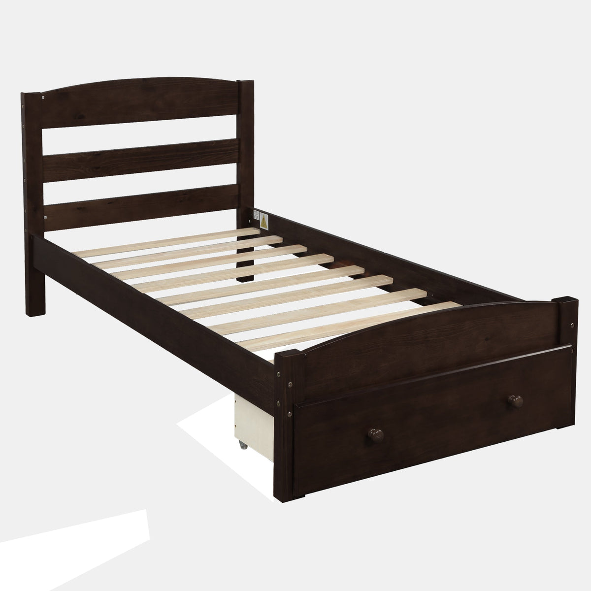 Twin Platform Bed with Storage Drawer and Wood Slats