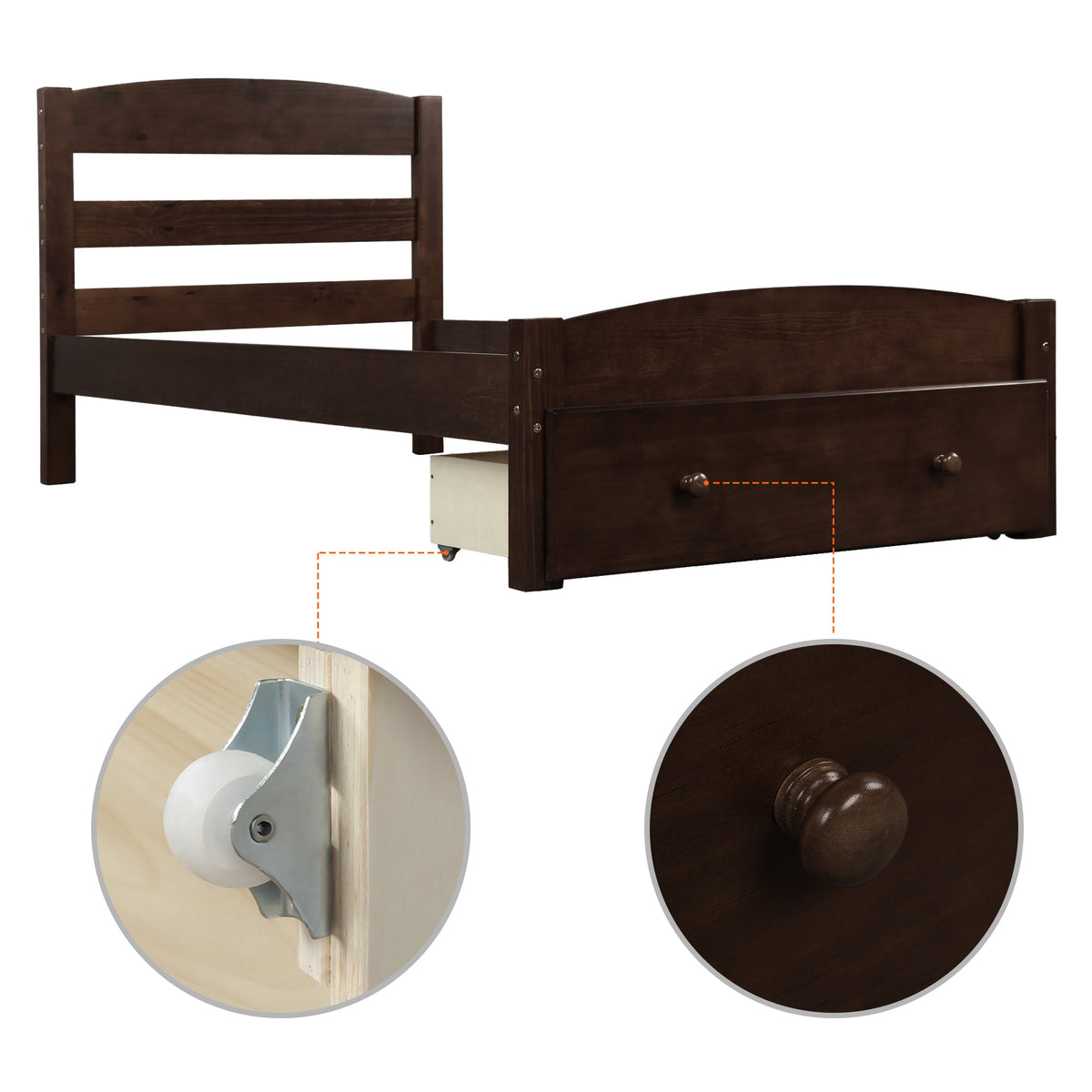 Twin Platform Bed with Storage Drawer and Wood Slats