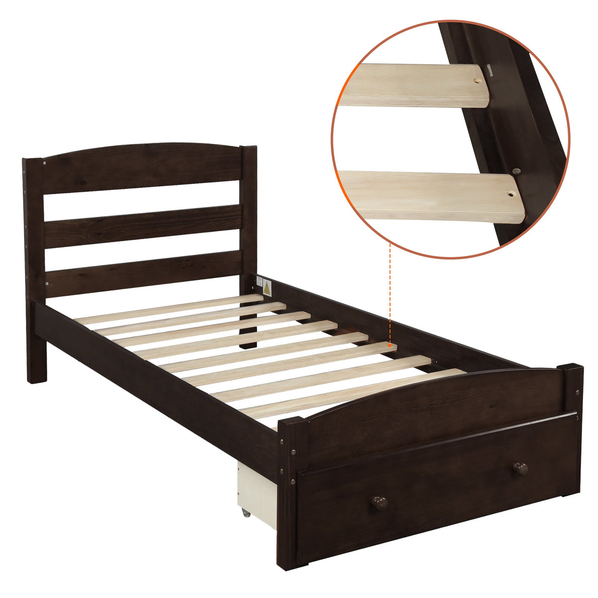 Twin Platform Bed with Storage Drawer and Wood Slats