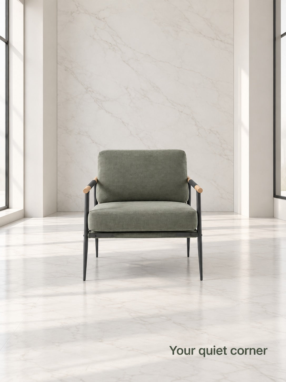 Plush Sage Green Reading Armchair with Metal Frame