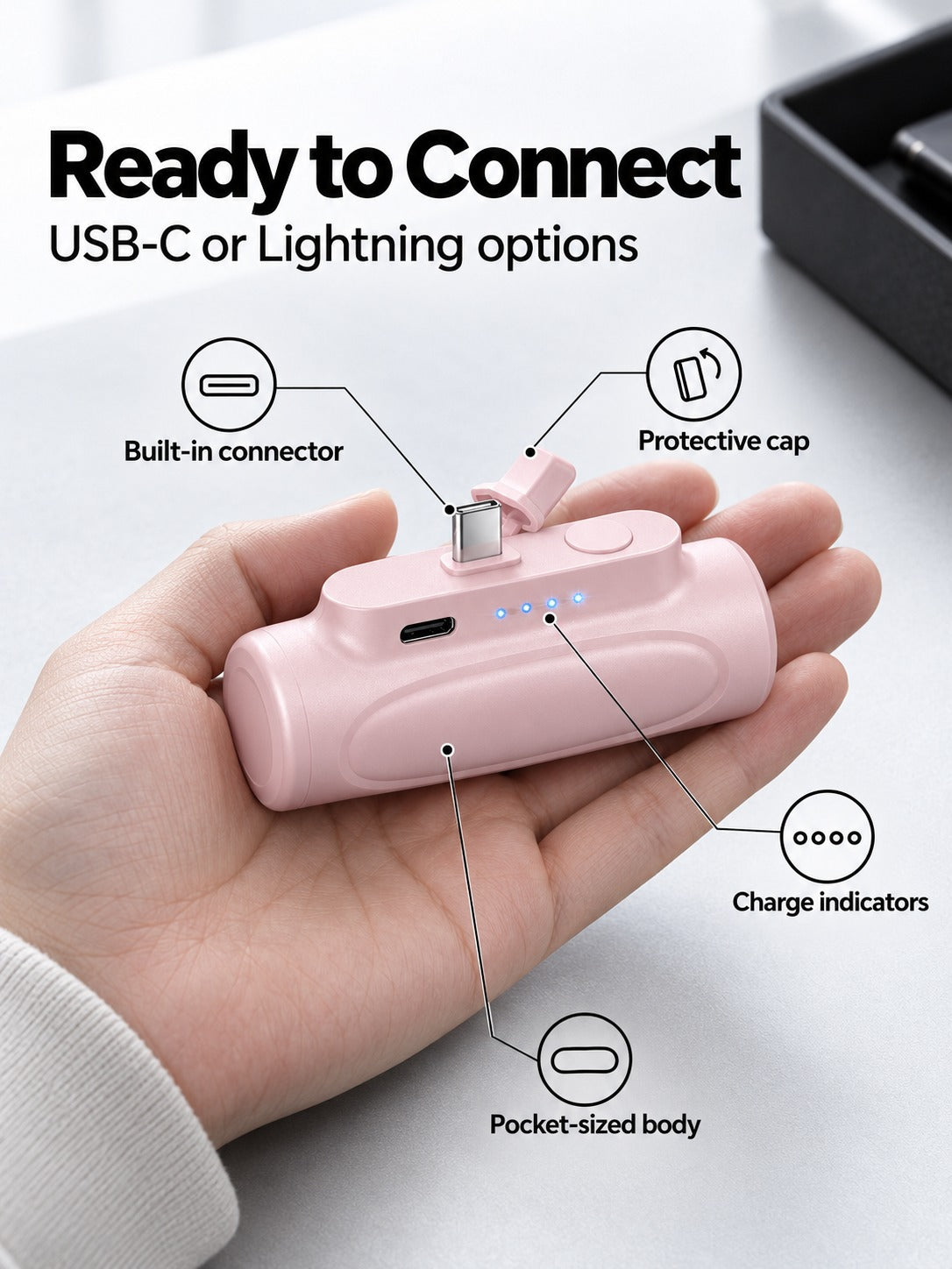 Pocket Power Bank 5000mAh with Built-In Connector & LED Light
