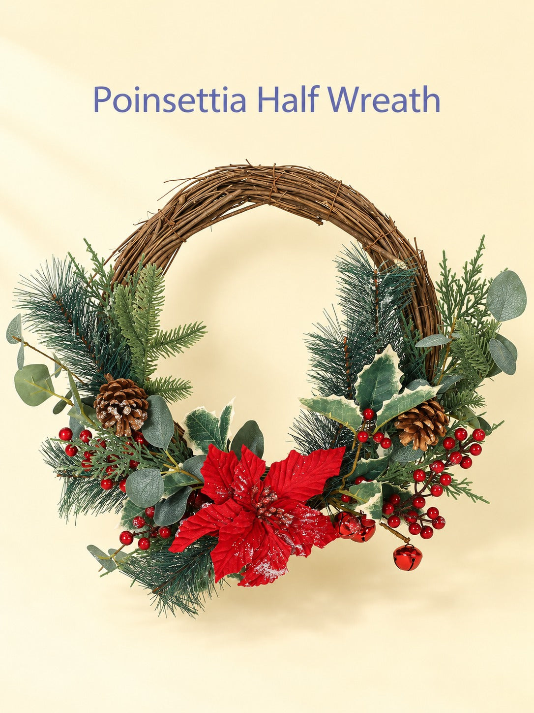 Poinsettia Half Wreath, 23.5-Inch Holiday Door Decor