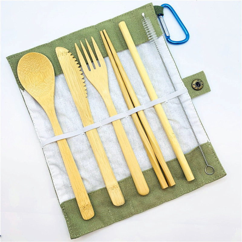 Reusable Bamboo Travel Cutlery Set, 7 Pieces with Pouch
