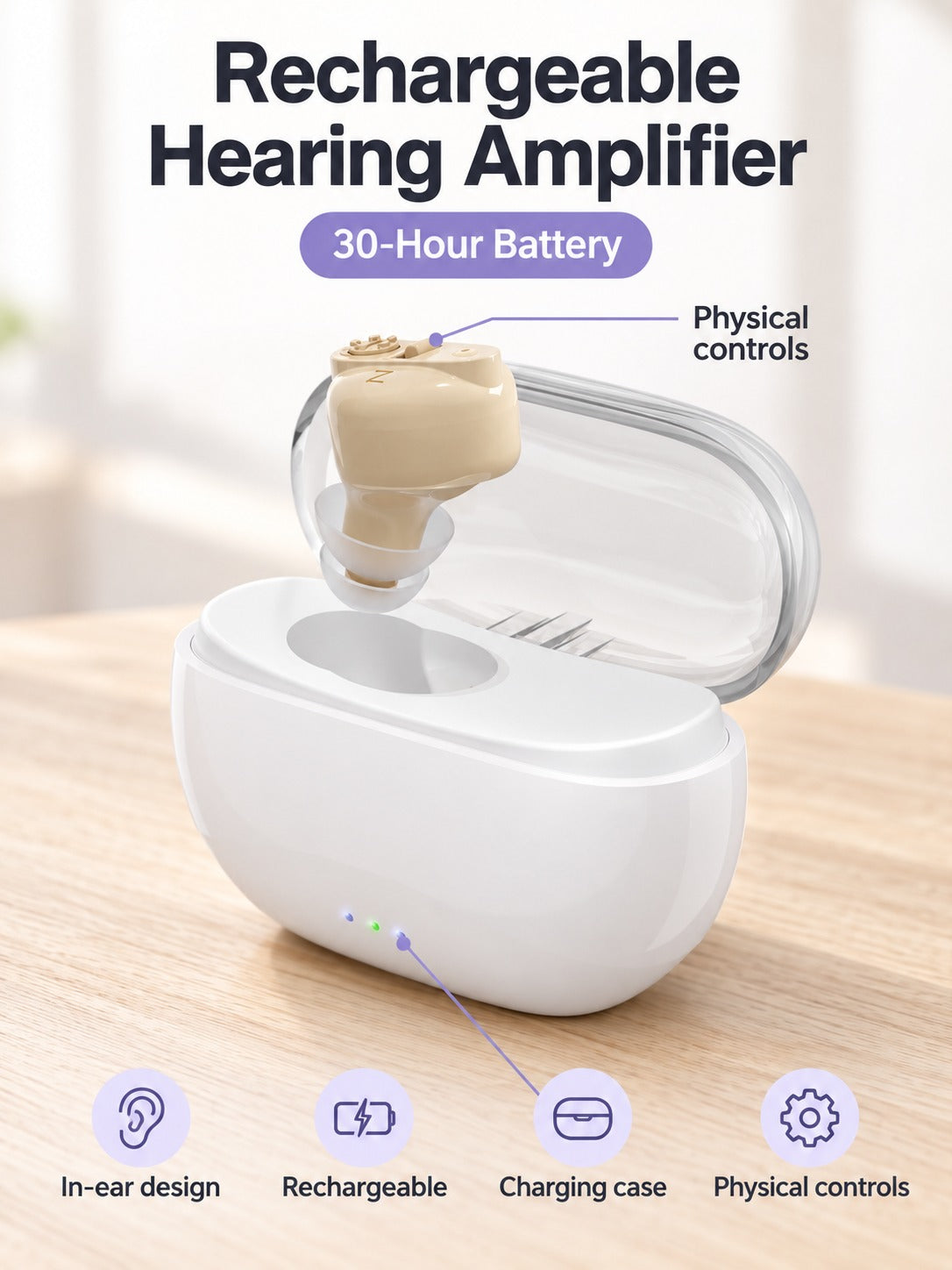 Portable Hearing Amplifier: Rechargeable, 30-Hour Battery