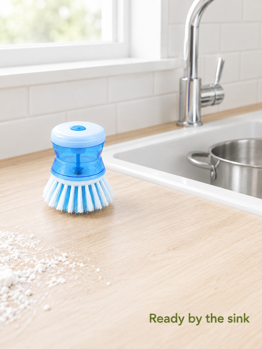 Pot Brush With Built-In Soap Dispenser for Pots and Cups