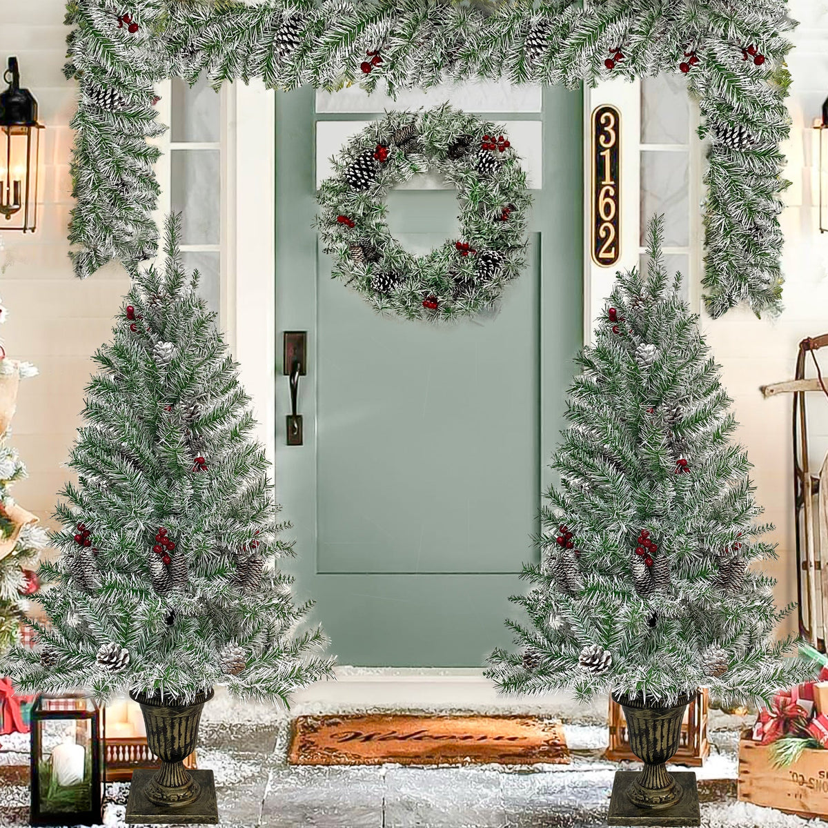 Pre-Lit Christmas Tree Set for Festive Front Doors