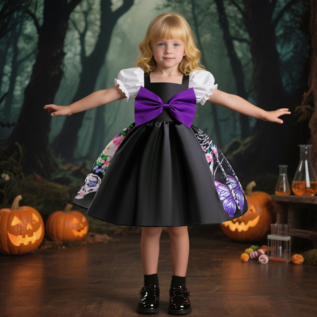 Girls' Halloween Princess Costume Dress Set With Hat