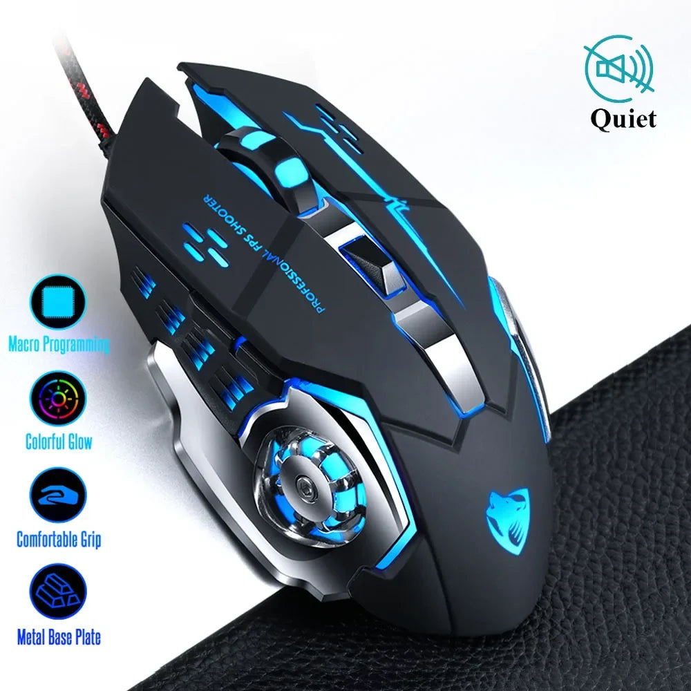 Silent Wired Gaming Mouse with LED Glow and Metal Base