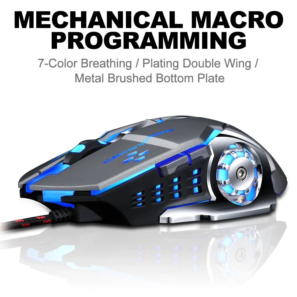 Silent Wired Gaming Mouse with LED Glow and Metal Base