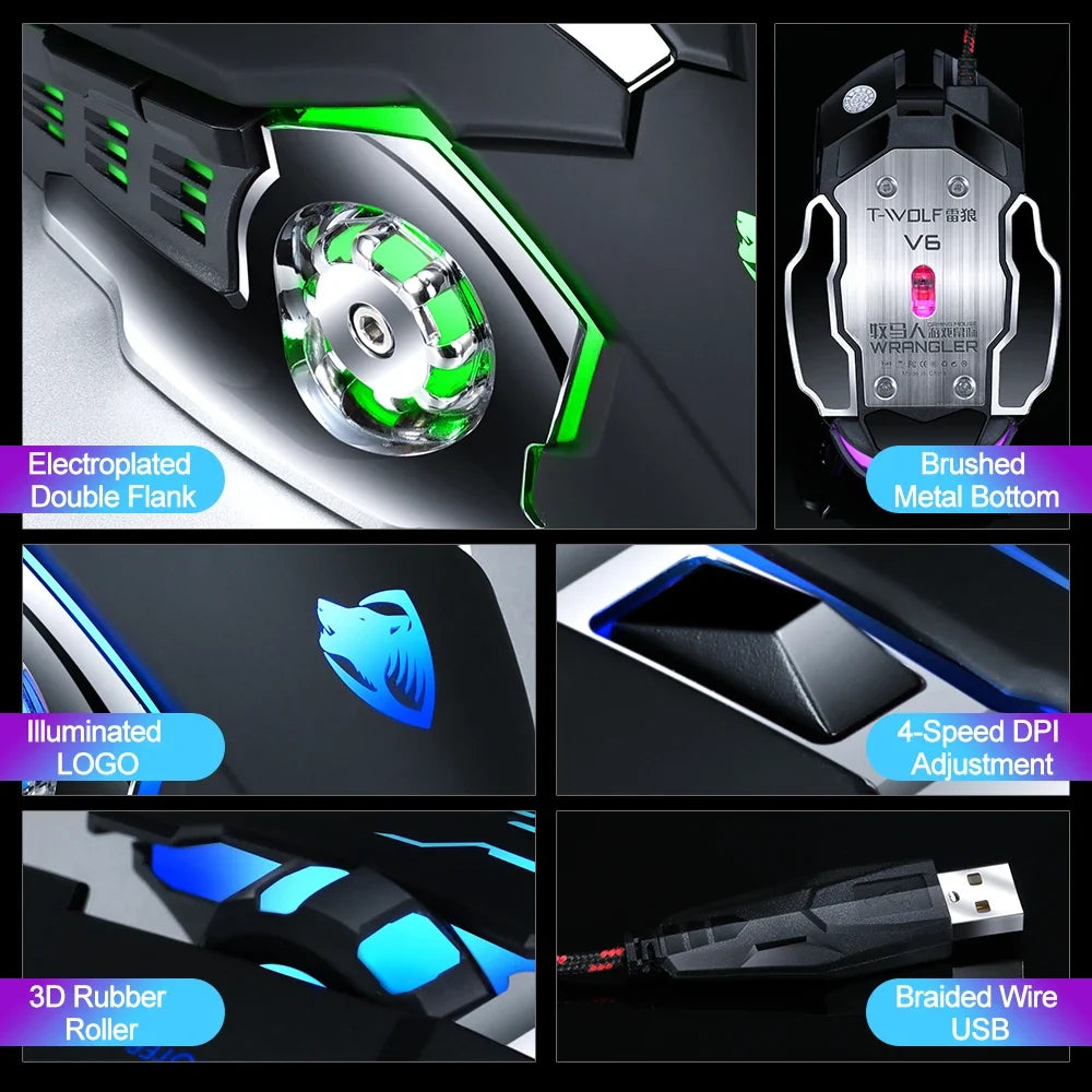 Silent Wired Gaming Mouse with LED Glow and Metal Base