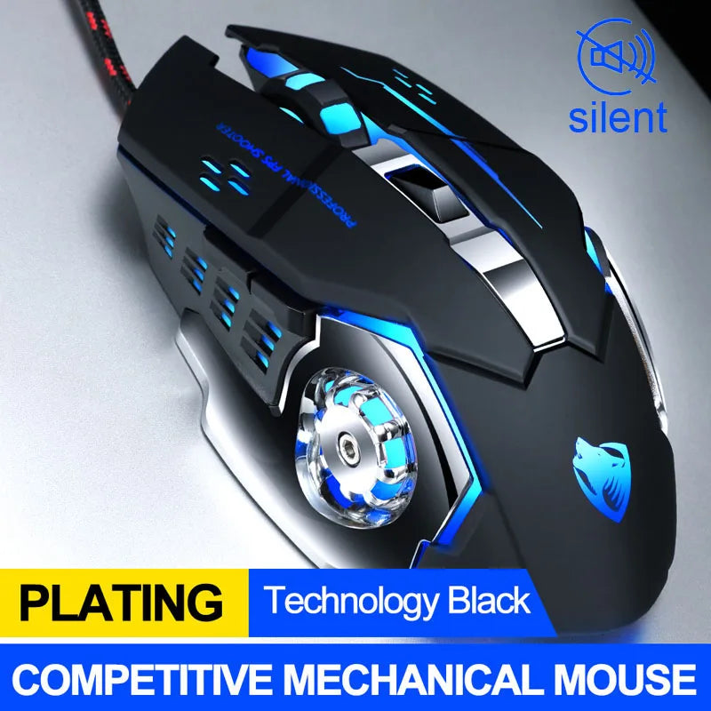 Silent Wired Gaming Mouse with LED Glow and Metal Base