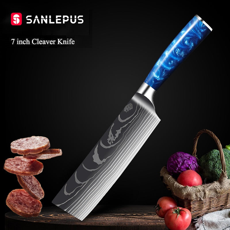 Damascus Pattern Japanese Chef Knife, Sharp Stainless
