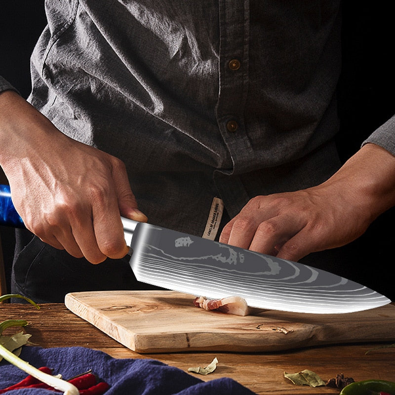 Damascus Pattern Japanese Chef Knife, Sharp Stainless