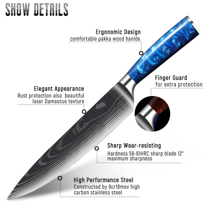 Damascus Pattern Japanese Chef Knife, Sharp Stainless