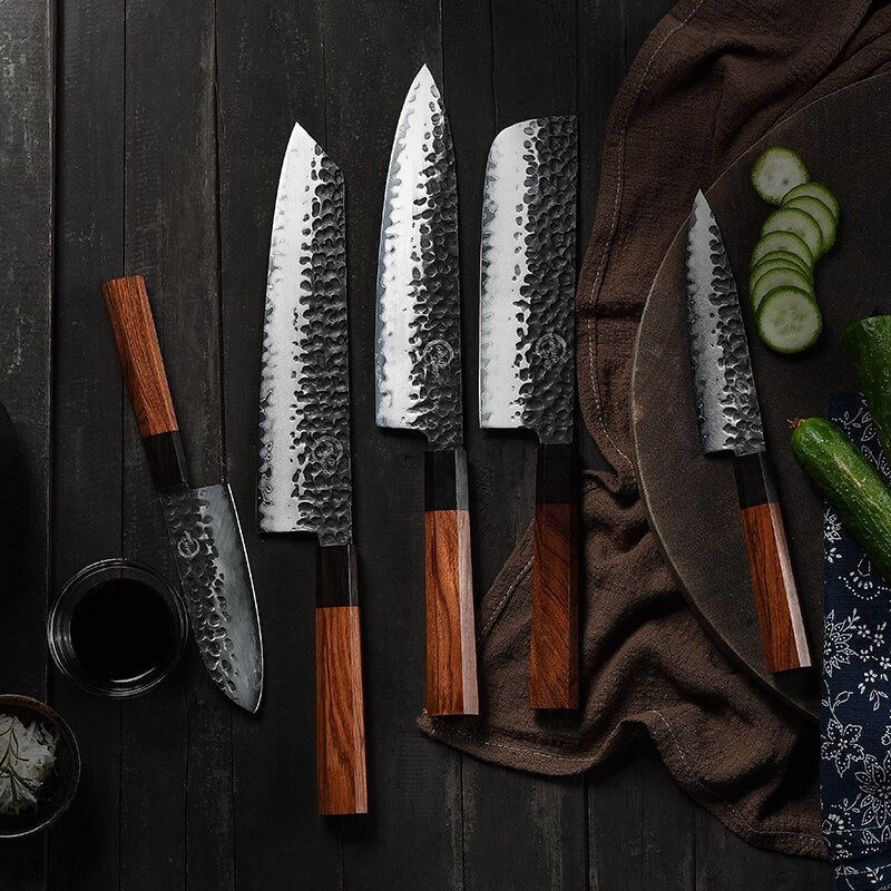 Japanese Chef Knife Set 5-Piece AUS-10 Hammered Steel