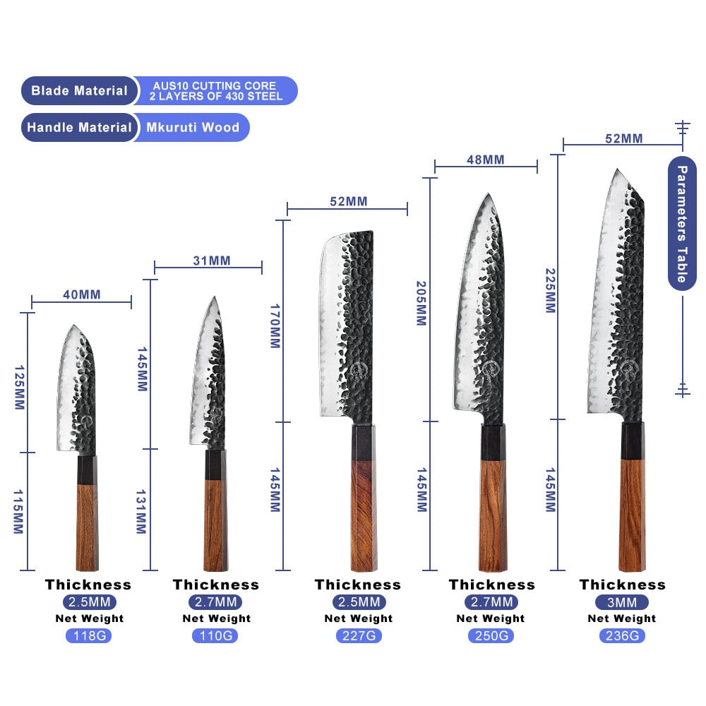 Japanese Chef Knife Set 5-Piece AUS-10 Hammered Steel
