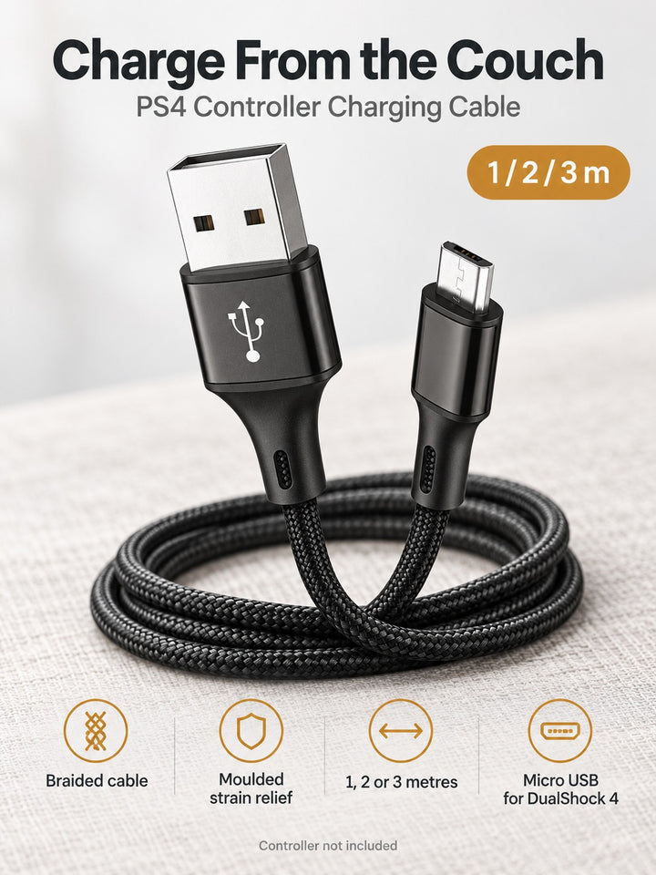 PS4 Controller Charging Cable: Braided, 1-3 Metres