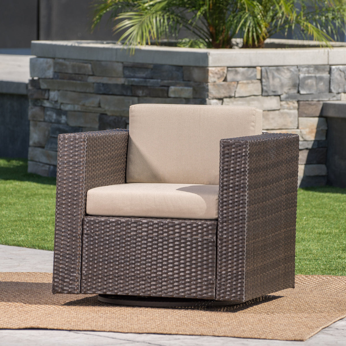 Swivel Patio Lounge Chair, Dark Brown Wicker & Cushions