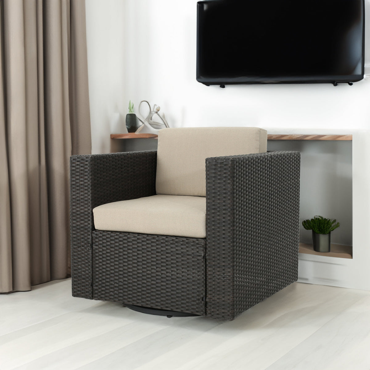 Swivel Patio Lounge Chair, Dark Brown Wicker & Cushions