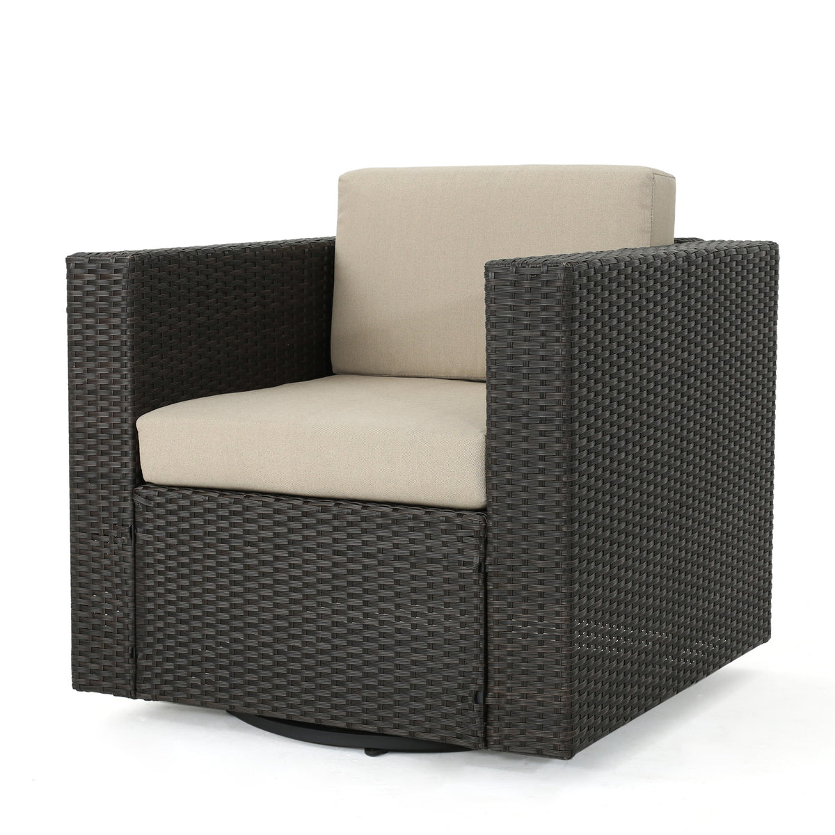 Swivel Patio Lounge Chair, Dark Brown Wicker & Cushions