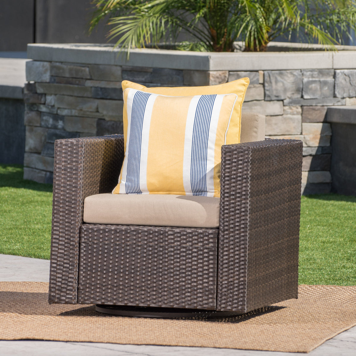 Swivel Patio Lounge Chair, Dark Brown Wicker & Cushions