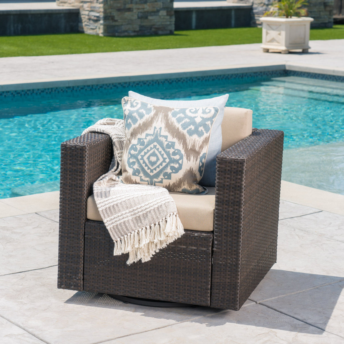 Swivel Patio Lounge Chair, Dark Brown Wicker & Cushions