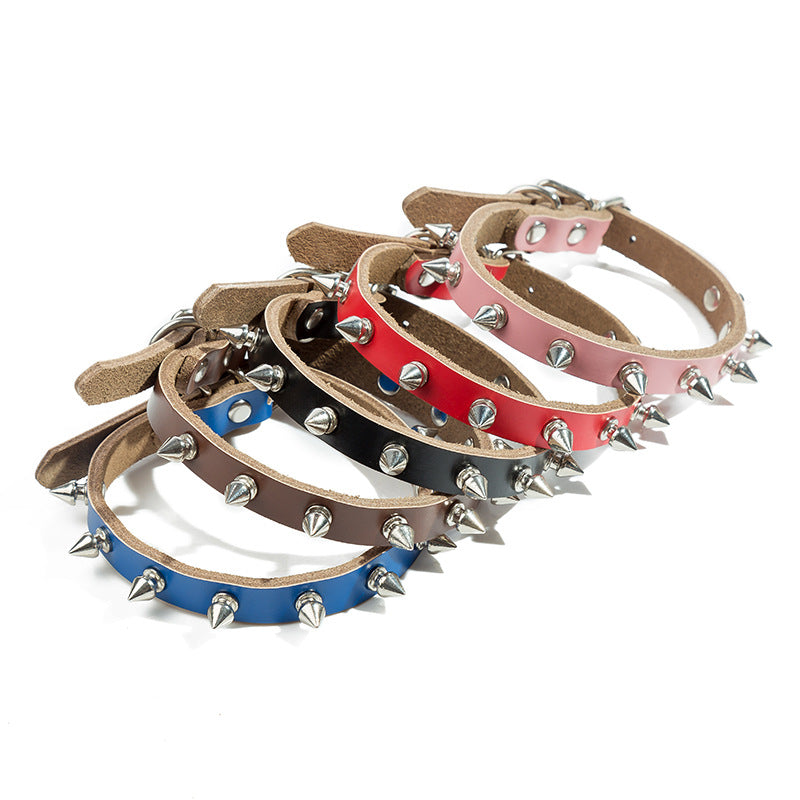 Adjustable Cowhide Leather Dog Collar with Spike Rivets