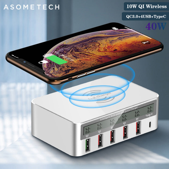 Desktop Charging Station with 10W Qi and 6 USB Ports