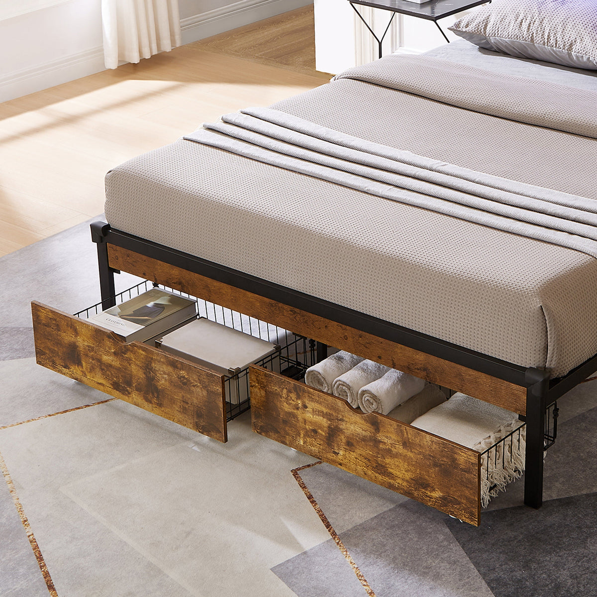 Queen Bed Storage Drawers with Wheels, Rustic Brown
