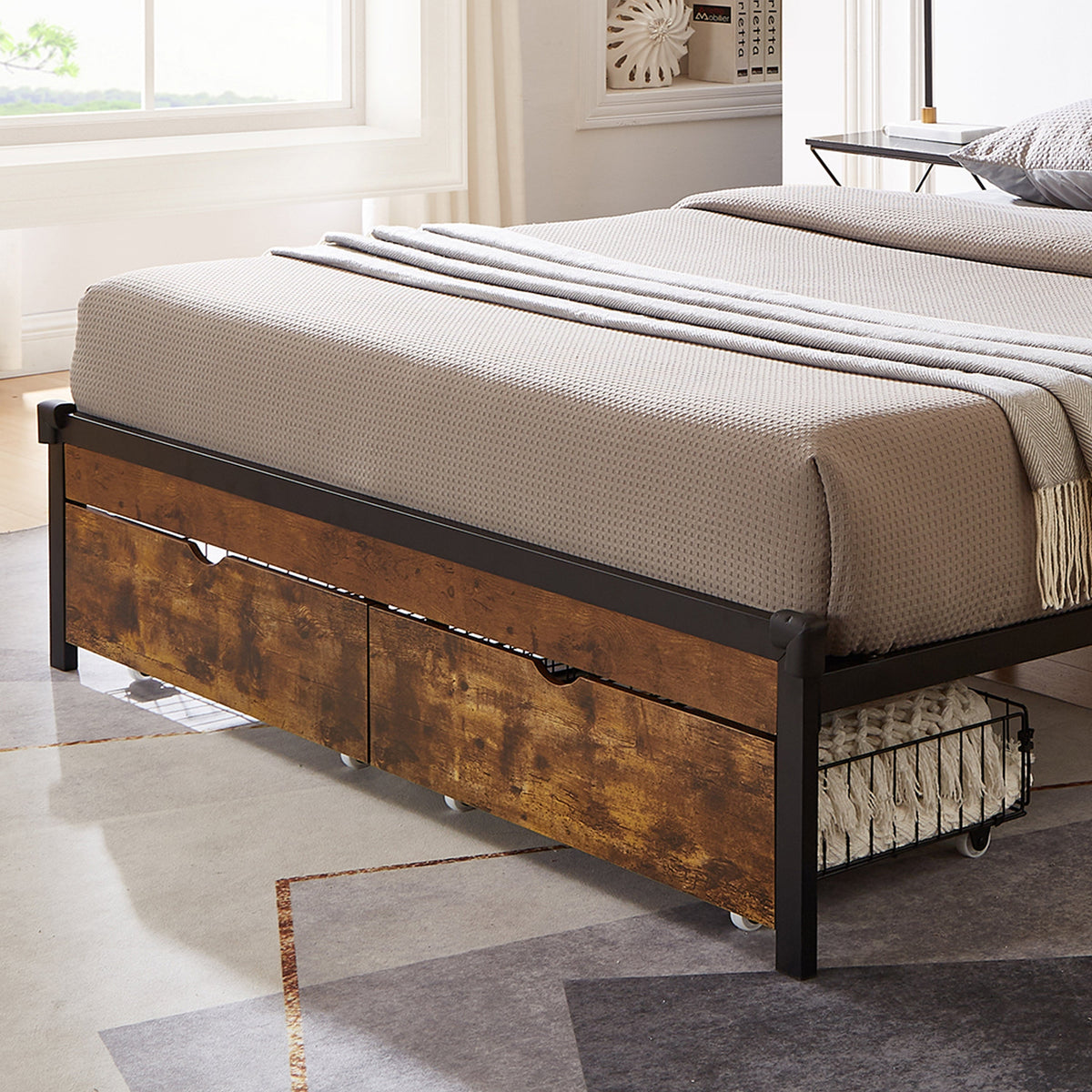 Queen Bed Storage Drawers with Wheels, Rustic Brown