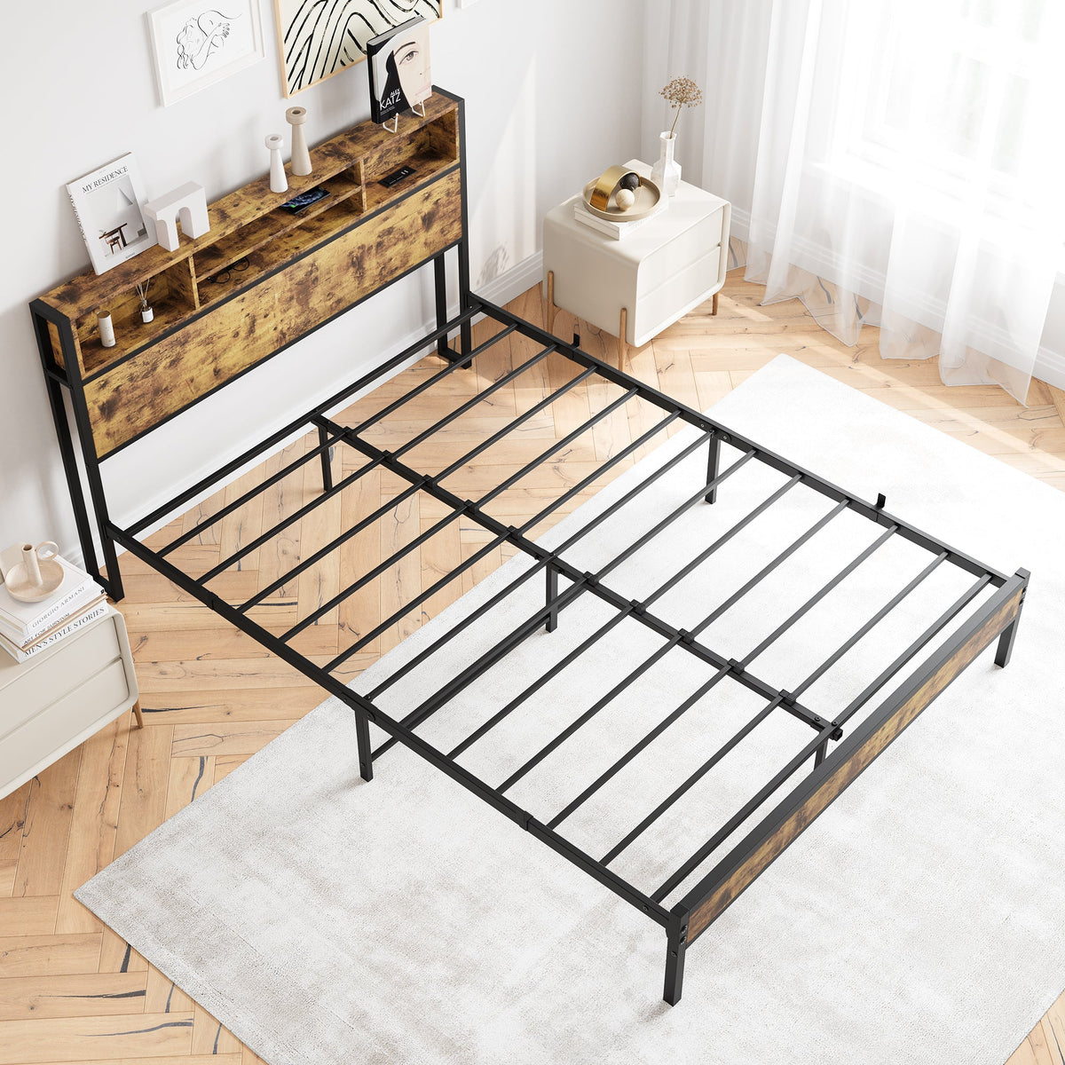 Queen Bed Frame with Storage Headboard and USB Ports
